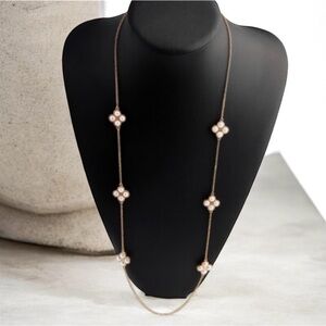 New Auth. Tory Burch GOLD Rope Clover Swarovski Imitation Pearl Necklace w/Tag